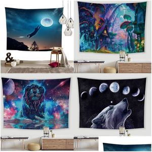 Tapestries Magical Animal Wolf Lion Cat Forest Printed Tapestry Wall Hanging Decorative Background Cloth For Dorm Living Rome Garden Dhvx5