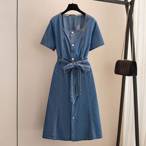 Plus size Dresses 150Kg Size Women's Bust 154 Summer Loose Square Collar Slim Waist Short Sleeved Denim Dress Blue 5XL 6XL 7XL 8XL 9XL 230613