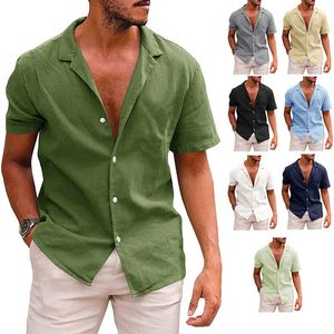 Мужские повседневные рубашки наносят пуговица рубашка с коротким рукавом льняной пляж Лето 230614