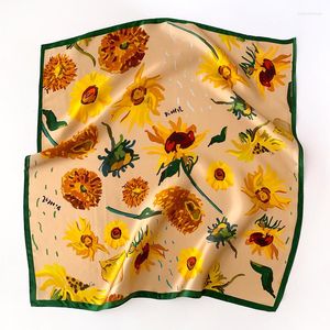 Шарфы желтый роскошный натуральный шелковый шарф женщины с печати цветочной настоящей твил Шаул Площадь 53 см бандана Леди FJ492