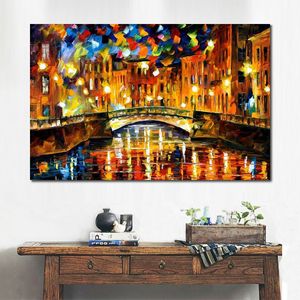 City Life Landscape Canvas Art Bridge Over Happiness Street Petersburg Hand Painted Kinfe Painting for Hotel Wall Modern