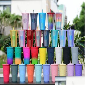 Tumblers 17 Colors Double Walled 24Oz Studded With Lid St Reusable 710Ml Radient Plastic Cold Cups Diamond Durian Shaped Clear Acryl Dhol2