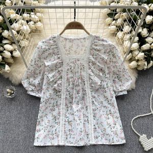 Blusas femininas camisa floral de verão manga bolha babados borda superior nicho