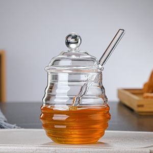 Storage Boxes Bins Household Transparent Glass Honey Jar with Lid Stirring Stick Bottle Creative Container 230613