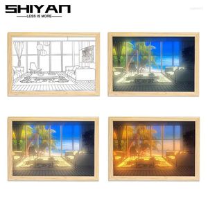 Wall Lamp Dimming Warmth Painting Lights INS Style Murals Wireless Touch Sunlight Window Wooden Indoor Living Room Decor