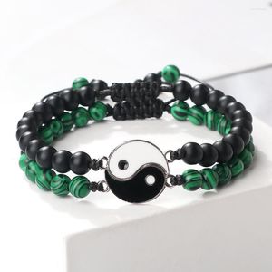 Strand 2pcs 6 mm Malachite Beads Bracelets Tai Chi Yin Yang Braided Bangles Naturalny czarny lawę Kamienne Modne biżuterię dla pary