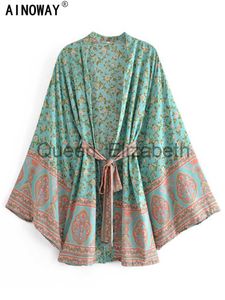 Casual Dresses Boho Vintage Multi Floral Print Sashes Kimono Women Bohemian V Neck Batwing Sleeves Rayon Cotton Happie Short Robe Cover-ups J230614