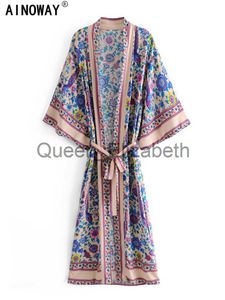 Bohemian Peacock Floral Kimono Dress with printed sashes and Batwing Sleeves for Women - Casual V-Neck Robe and Bikini Cover-Up (J230614)