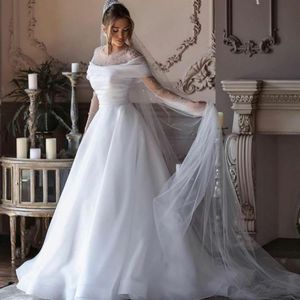 Fabulosos vestidos de noiva de organza frisados Uma linha pura pescoço manga longa vestidos de casamento ruched ombro fora Robe de sarau para noiva