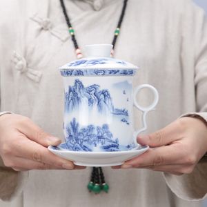 Chinesische Porzellan-Teetasse, 4-teiliges Set, handgefertigte Keramik-Kung-Fu-Teetasse mit Sieb, Teesieb für Zuhause, Büro, Küche