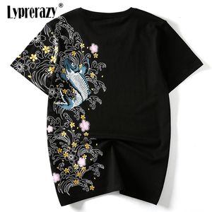 メンズポロスlyprerazyレトロ日本刺繍tシャツkoi魚プリントホワイトトップス夏夏ハラジュクメンヒップホップTシャツストリートウェアTシャツ230614