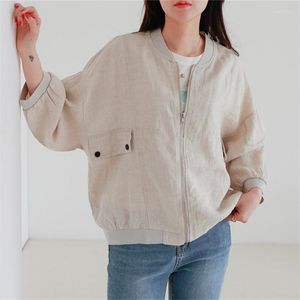 女性用ジャケット女性のための韓国ファッションリネン2023 fall o-neck zip up coat
