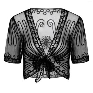 Women's T Shirts Women Black Elegant Embroidery See-Through Sexy Tops Mesh Bolero Short Sleeve Self-Tie Knots Shrug Cardigan Vest For Cubs