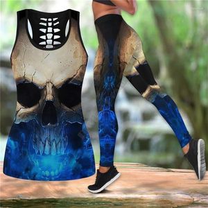 Kvinntankar Crazy Skull Combo outfit Leggings and Hollow out Tank Top Suit Sexig Yoga Fitness Soft Legging Summer Women for Girl