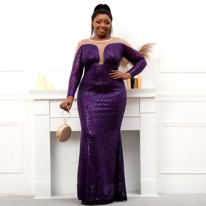 Plus size Dresses Size Stretch Purple Sequin Dress Pearls Full Sleeve See Through Mermaid Evening Night Long Party Maxi 230613