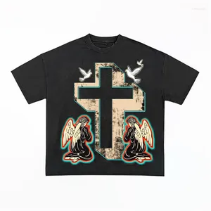 Мужские футболки T Hip Hop Men Shirt Shareed Streetwear Cross Print Fut Fut Fut Harajuku Cotton Y2K Tshir