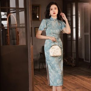 Etnisk kläder kinesisk stil hög split cheongsam vintage blå blommig tryck qipaos kvinnor formella klänningar traditionella