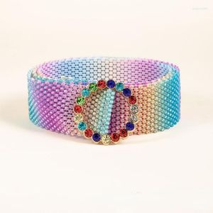 Bälten sommarfärgstark strassbälte för kvinnor Rainbow Round Buckle Dresses Fashion Accessories Luxury Designer Full Diamond