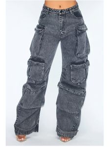 Kvinnors jeans fast färg multipocket lösa high street retro hiphop wideleg byxor casual rak highwaisted kvinnor 230614