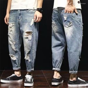 Jeans masculino folgado com buraco rasgado 2023 moda streetwear calça jeans azul solta lavada cintura média Vaqueros Rotos De Hombre