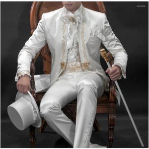 Men's Suits Ivory White Collar Full Men Sets Stand Elegant Tuxedos Gold Thread Embroidered Slim Fit Blazer Trousers Outfit Jacket Pant