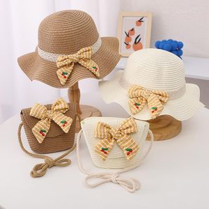 Hats Cute Bow Straw Hat Torb zestaw na letnie wiadro małej dziewczynki z pasującą torebkę UV Protect