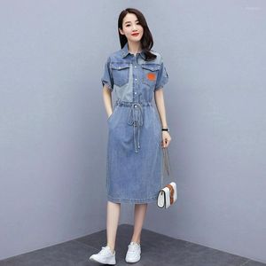 Party Dresses Summer Style Women Dress Casual Turn-Down Coller Pockets Patchwork Button DrawString Slim Jeans For Weals Denim One-Piece