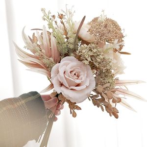 Torkade blommor pampas konstgjorda för bröllopsdekorationer mittpunkt pester bukett champagne stora falska rosor hembord rum diy arrangera 230613