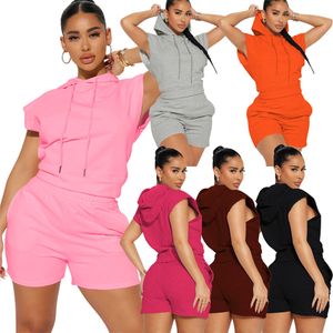 2024 Designer Tracksuits Two Piece Sets Summer Women Outfits Hooded Sleeveless Pullover Shirt Top and Shorts Casual Solid Sweatsuits Jogging suits Wholesale 9947