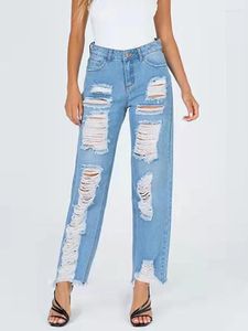 Jeans da donna strappati dritti tagliati da donna pantaloni in denim streetwear con foro lavato blu pantaloni da mendicante femminili vuoti