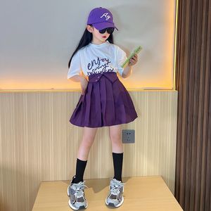 衣料品セットサマーガールズ2 PCSセットベイビーTシャツプリーツスカートキッズスーツ子供用服の服を着たカジュアルレタープリントパープル5-14Y 230613