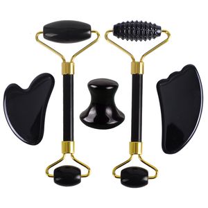 Full Body Massager Natural Black Obsidian Face Massager Gouache Scraper Gua Sha Massage Tool Set Jade Roller Gouache For Face Jade Massage Roller 230614