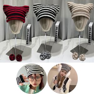 Beanie/Skull Caps Y2K Harajuku Punk Gothic Beanie Hat Little Devil Striped Knitted Cat Ear Hat Fashion Designer Women's Hats Winter Accessories 230614