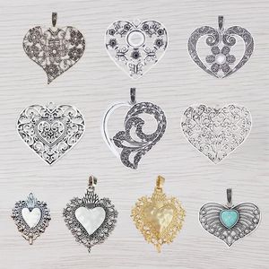 Anhänger-Halsketten, 2 x Antik-Silber/Gold-Farbe, große Boho-Filigran-Liebes-Herz-Charms-Anhänger für DIY-Halsketten-Schmuckherstellung