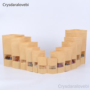 Hediye sargısı 100/50pcs ambalaj zip kilidi kraft kağıt pencere çanta stand up hediye kurutulmuş gıda çayı ambalaj torbaları fermuarlı kendi sızdırmazlık çantaları 230613