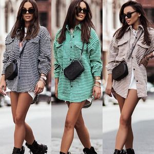 Blusas Femininas Moda Outono Houndstooth Camisa Feminina Casual Solta Lapela Manga Longa Casaco High Street Camisas Xadrez 2023 Top Inverno