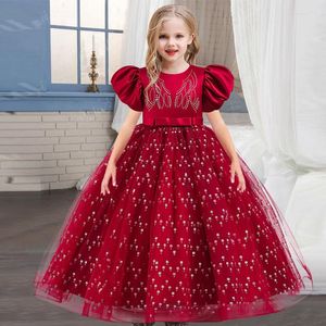 Girl Dresses Children's Bubble Sleeve Princess Dress 5-14 Years Old Sequin Embroidered Puffy Skirt Flower Wedding Banquet