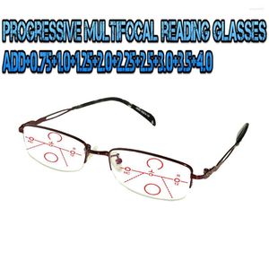 Occhiali da sole Progressive Multifocal Anti Blu Light Occhiali da lettura Red Metal Frame Uomo Donna Rettangolare di alta qualità da 0,75 a 4