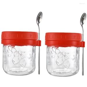 Vorratsflaschen über Nacht Haferflockenbecher Glas 2 Stück Joghurtbehälter mit Deckel und Löffel 13,5 Unzen auslaufsicherer Cerea-Milchbecher für Kaffee