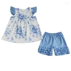 Conjuntos de roupas flor menina conjunto verão manga curta floral bebê babados shorts de algodão roupas por atacado