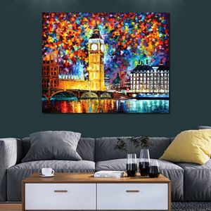 City Life Landscape Canvas Art Big Ben Hand Painted Kinfe Painting for Hotel Wall Modern