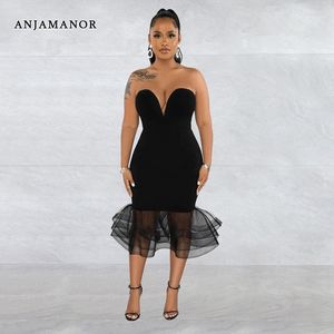 Casual Dresses Anjamanor Ruffle Hem Deep V Tube Top Long Dress Elegant Sexig Black Evening Party for Women 2023 Clubwear Outfit D42-EC19