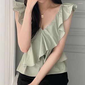 Women's Blouses LYEEYNNR Ruffles Patchwork Solid Color Blouse Women V-neck Slim Fit Temperament Shirts Female High Quality Fashion Cheimse