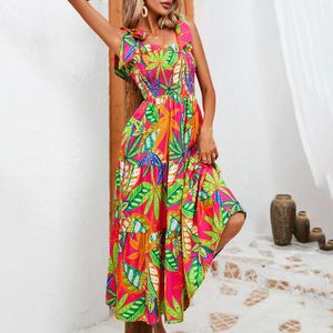 Casual Dresses Women Summer Sleeveless Wrapped Chest Strappy Print Waist Spaghetti Strap Beach Long Dress Sexy Fashion Vestidos