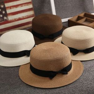 Chapéu de verão simples para mulheres Chapéu de praia feminino casual Chapéu panamá feminino de marca feminina aba plana laço laço chapéu de palha para meninas chapéu de sol