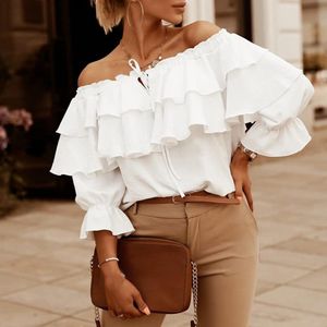 Women's Blouses Shirts Elegant Women Blouse Off Shoulder Drawstring Collar Layered Ruffle Lantern Long Sleeve Office Lady Pullover Top Female Clothing 230613