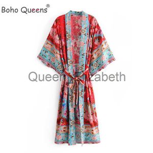 Casual Dresses Boho Queens Women Red Floral Print Sashes Bohemian Kimono Ladies V Neck Batwing Sleeves Maxi Robe Cover-ups J230614