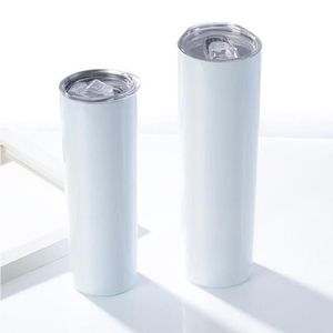 20 onças de sublimação magra magra de copos retos em branco Tumbler magro branco com palha de palha 20 oz aço inoxidável a vácuo Sipp RFUS