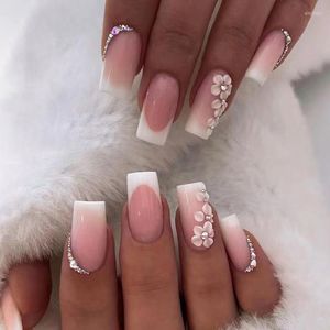 False Nails 24pcs Romantic Simple French Press On Flower Design Wearing With Diamond Long Square Nail Tips Pink Manicure