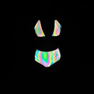 Women's Swimwear Sexy Ring Strap Dazzling Reflective Bikini Split Swimsuit Women's Colorful Swimsuit